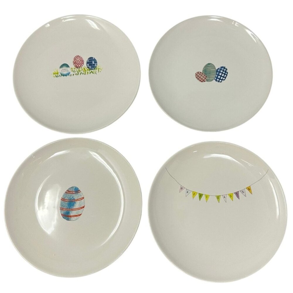 Rae Dunn Easter Dessert Plates Set of 4 - Pastel Egg & Spring Banner Designs